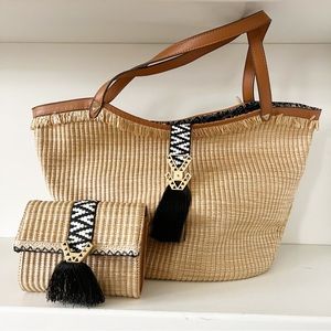 Stella and dot riviera rattan woven tote bag with matching crossbody